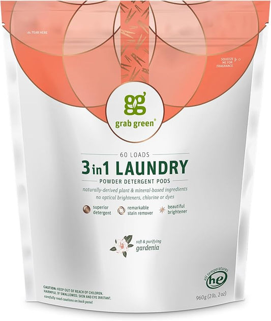 Grab Green 3-in-1 Laundry Detergent Pods, Gardenia Scent, Plant and Mineral Based, Superior Cleaning Power, Stain Remover, Brightens Clothes, White, 60 Count
