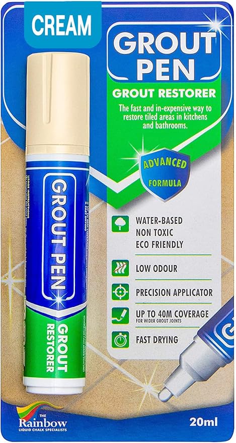 Grout Pen Cream Tile Paint Marker: Waterproof Grout Paint Pen, Tile Grout Colorant and Sealer Pen for Bathroom, Shower, Kitchen, More - Cream, Wide 15mm Tip (20mL)