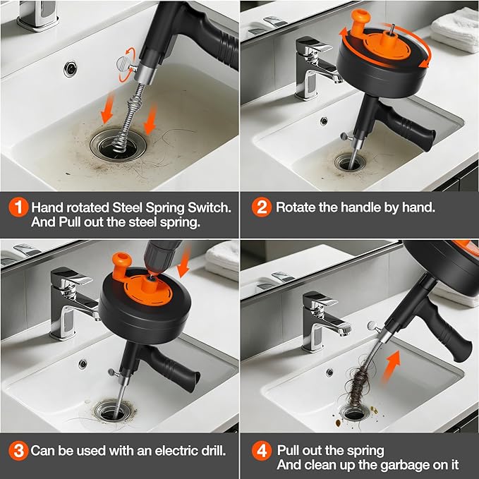 Drain Auger, 25FT Snake Drain Hair Removal Tool, Drill Powered and Manual Drain Cleaner Tool with Drill Adapter & Gloves, for Bathroom Sink, Shower Drain, Tub, Kitchen Sink, Household Plumbing