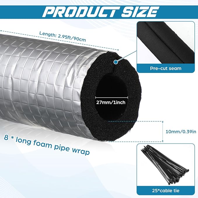 Tondiamo 8 Pcs 3 ft Pipe Insulation Foam Tube Self Adhesive Insulation Foam Wrap with Aluminum Foil Tape Water Tubing Cover for Outdoor Winter Irrigation, Spigot, Sprinkler Protection(1 Inch)