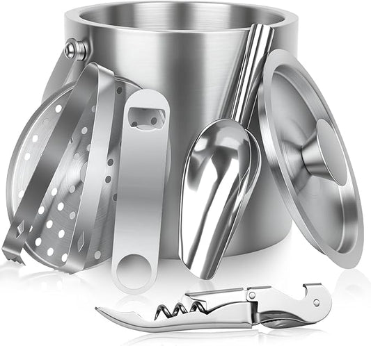 3L Ice Buckets for Parties 6PC Set, Stainless Steel Double-Wall Insulated Ice Bucket with Lid, Scoop, Tongs, Beer & Wine Opener – Ideal for Cocktail Bar, Outdoor Events & Keeps Ice Frozen Longer