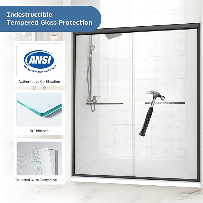 56-60 in. W x 72 in. H Double Sliding Shower Door, Semi-Frameless Bypasss Bathroom Glass Shower Doors, 6mm (1/4") Tempered Glass Door for Walk-in Shower, Stainless Steel Rollers & Handle, Matte Black