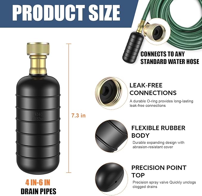 Large Drain Cleaning Bladder Fits 4" to 6" Pipes, Rubber Drain Bladder Unclogger for Bathroom Sinks, Showers, Swimming Pool Drains, Kitchen Sinks and Main Drains