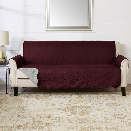 Great Bay Home Reversible Sofa Cover - Washable Slipcover Furniture Protector with Elastic Straps - Couch Cover for Dogs, Kids, and Pets - Quilted & Stitched Detail (Sofa, Wine/Light Grey)