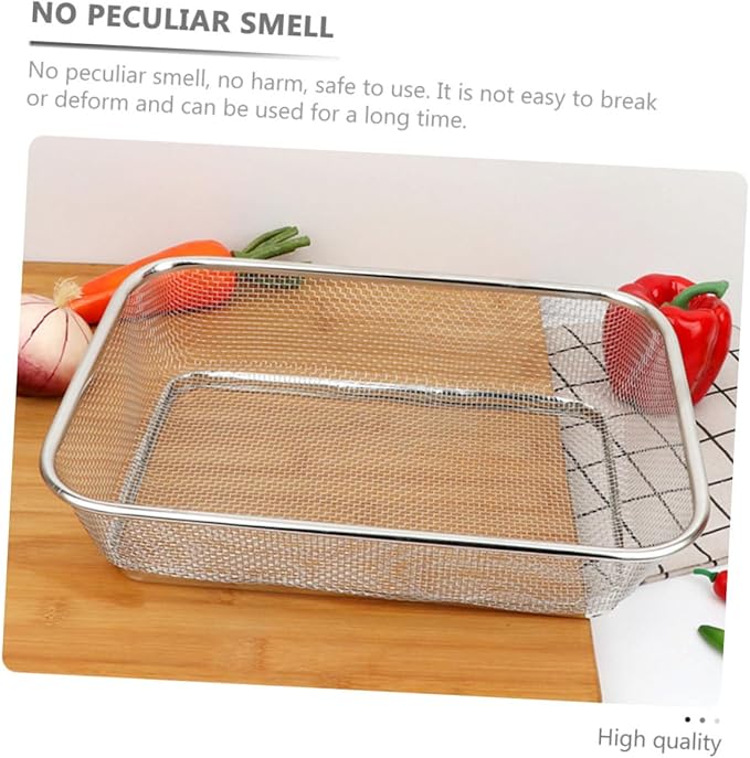 Stainless Steel Fine Mesh Drain Basket 13.4X9.8X3.1In Shallow Colander for Kitchen Sieve and Vegetable Washing Multi-Purpose Strainer with Holes for Easy Water Draining
