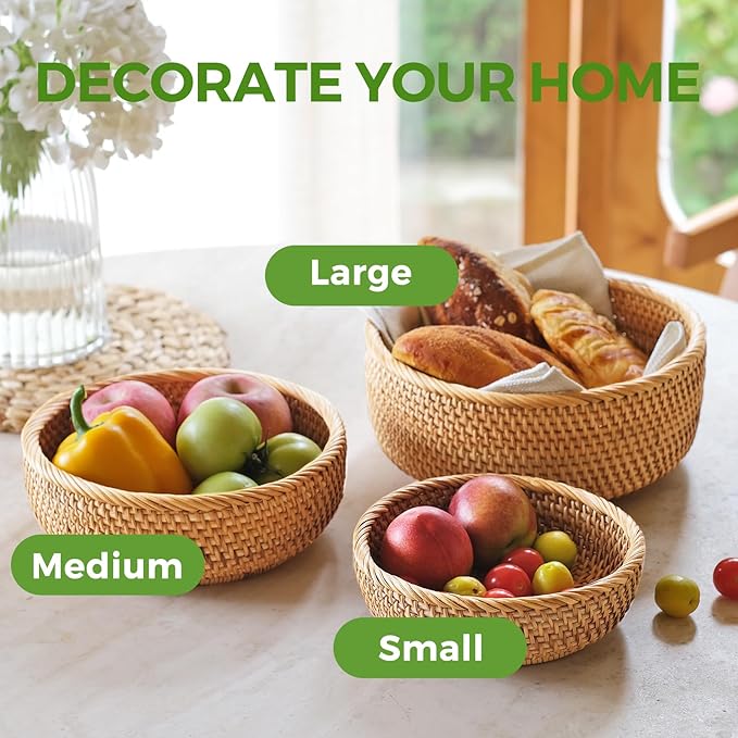 Rattan Bread Baskets for Serving - Woven Round Wicker 3 PK