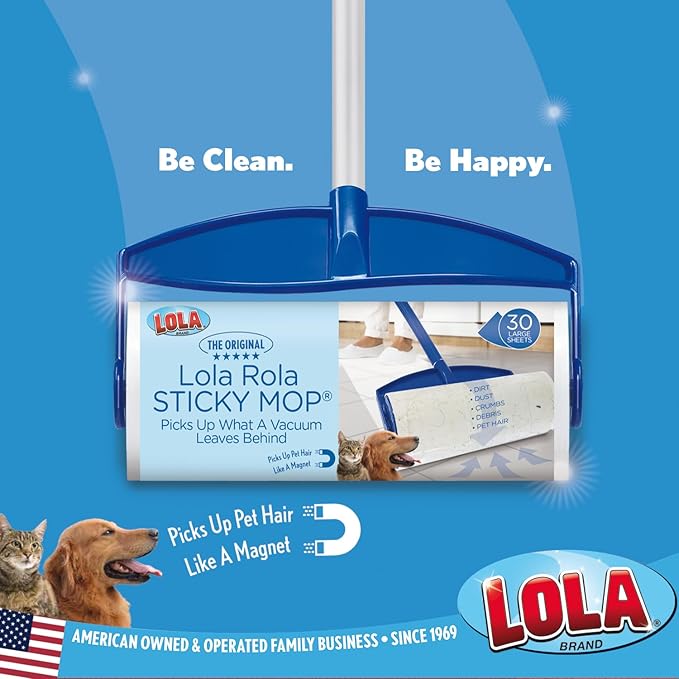 LOLA Rola PET Hair Remover Sticky Mop, Giant Floor Lint Roller, 9" x 3.5", Aluminum Handle, Largest Head, Traps Hair, Dust, Dirt, Extra Sticky Sheets