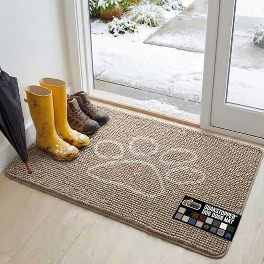 GORILLA GRIP SoakSTOPPER Dog Door Mat, 48x30 Machine Washable Rug Absorbent Doormat Captures Moisture Mud Dirt, Quick Dry Soft Chenille Entryway Rugs Indoor Entrance Mats for Dog Paws, Beige Ivory