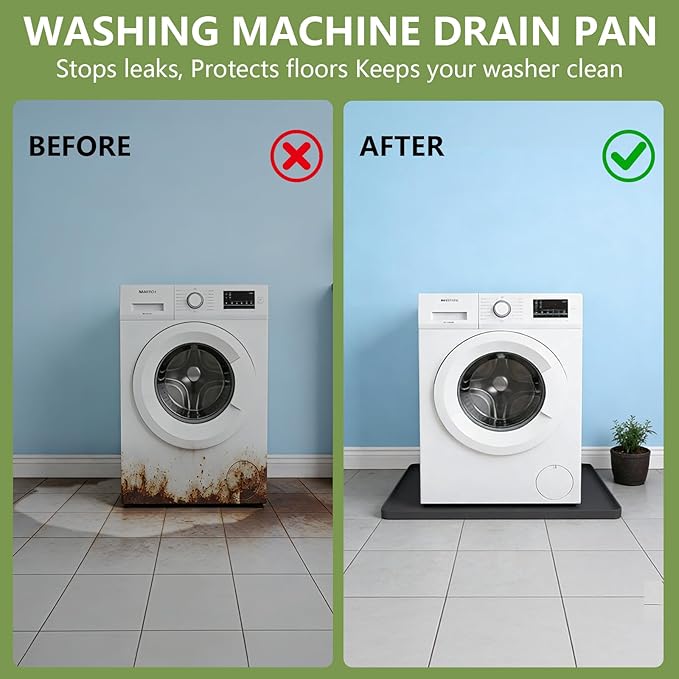 27×27×0.79inch Washing Machine Pan, With Raised Edge Washer Drip Tray, Drain Pan Silicone Mat, Foldable Portable Anti-Vibration Non-Slip Waterproof Pad, Smooth Surface (Black)