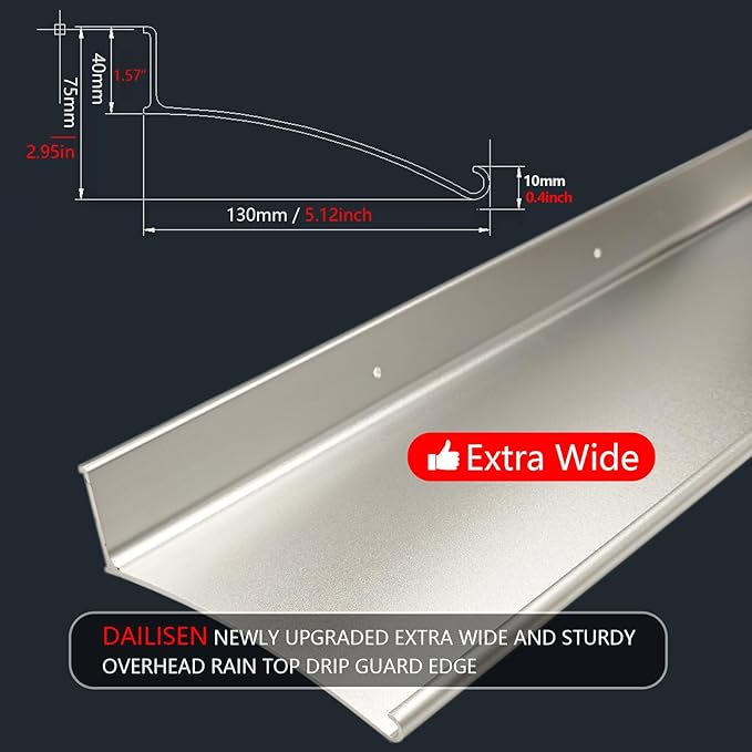 Heavy-Duty 5.12" W 43.3" L Door Rain Drip Guard Overhead,Aluminum Drip Cap for Exterior Doors Window Top,Rain Drip Edge Flashing,Water Deflector,Rain Diverter,Anodized Silver 2PCS