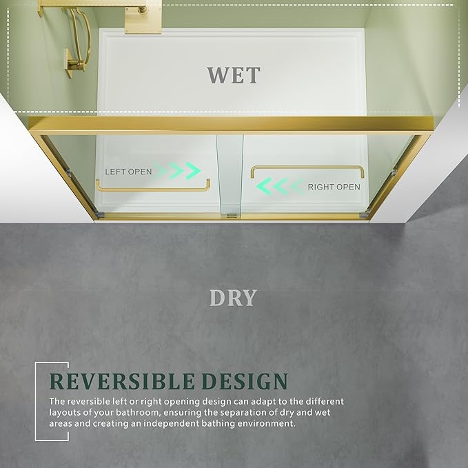 Brushed Gold 50-54'' x 72'' Semi-Frameless Glass Shower Door,Bathroom Sliding Door with 1/4'' Clear Tempered Glass,Stainless Steel Hardware Double Handles Reversible Easy Installation Bypass Doors