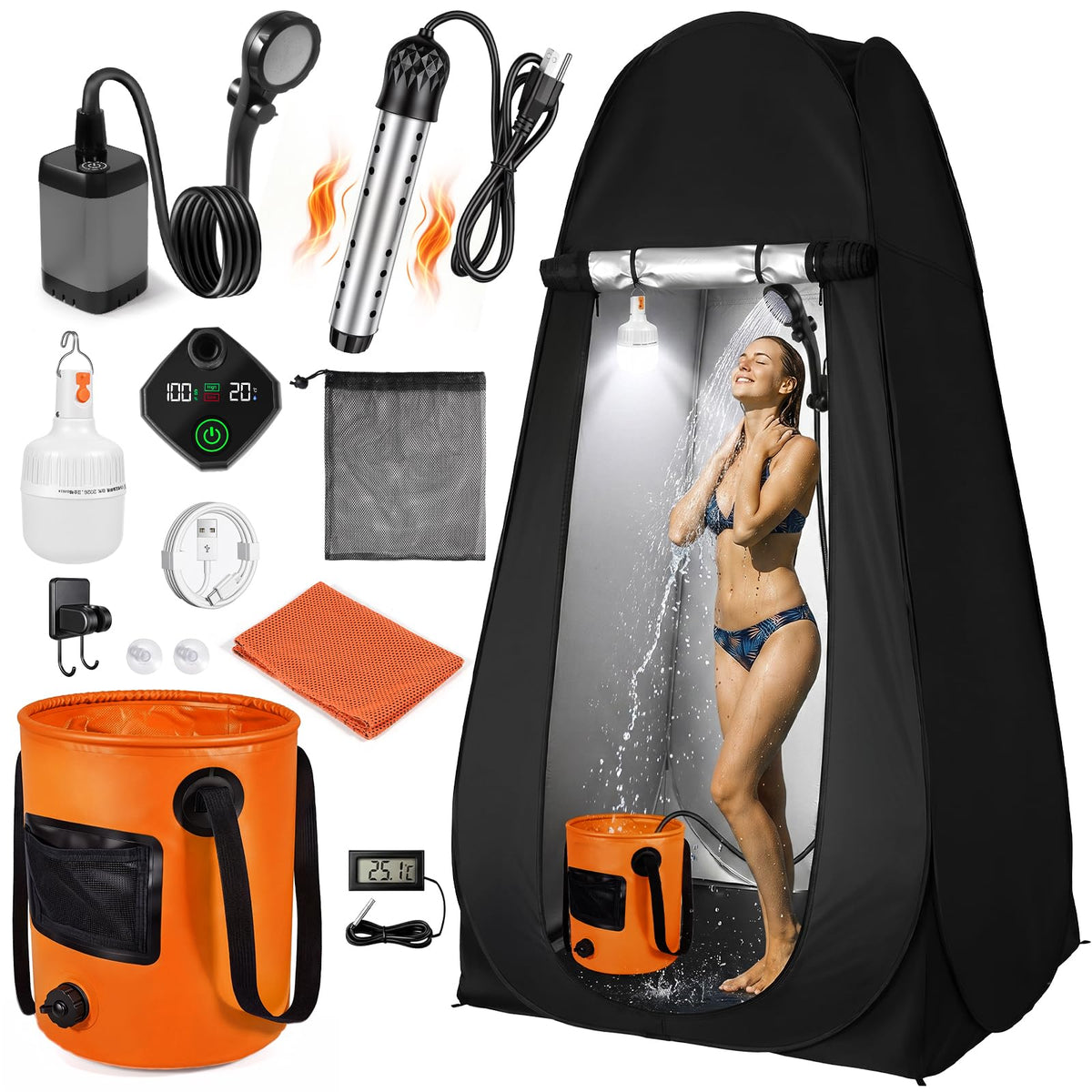 Portable Camping Shower Kit with Privacy Tent Heated Water - Image 1