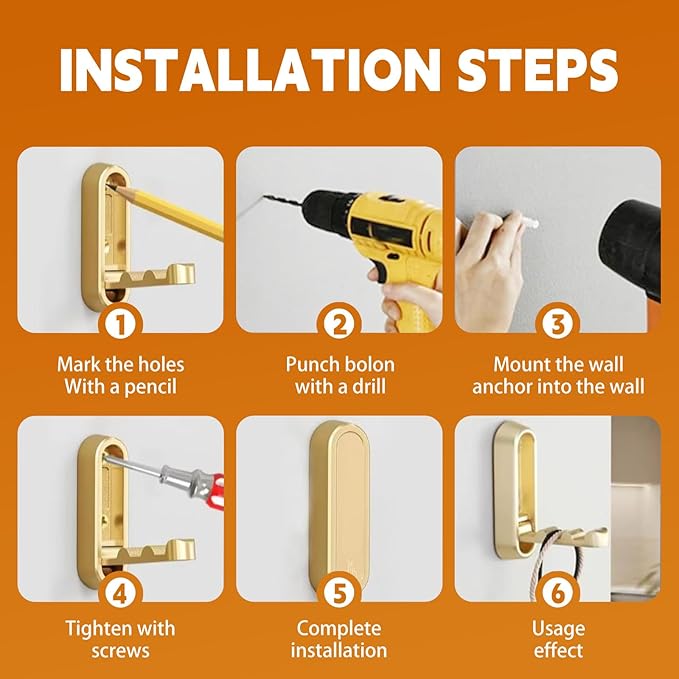 Foldable Hooks Wall Mount, Folding Coat Hooks Wall Mounted - Retractable Space Saving Organizer for Bathroom, Kitchen, Bedroom & Closet - Holds Scarf, Hat, Robe, Key, Purse, Bag (2, Gold)