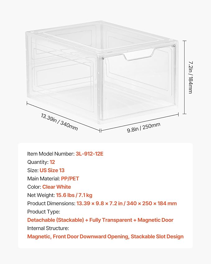 VEVOR Shoe Storage Boxes, 12 Pack Clear Stackable Shoe Boxes Storage Organizers with Magnetic Door, Fit up to US Size 13, Plastic Sneaker Containers for High Heels, Boots, and Hats, Transparent White