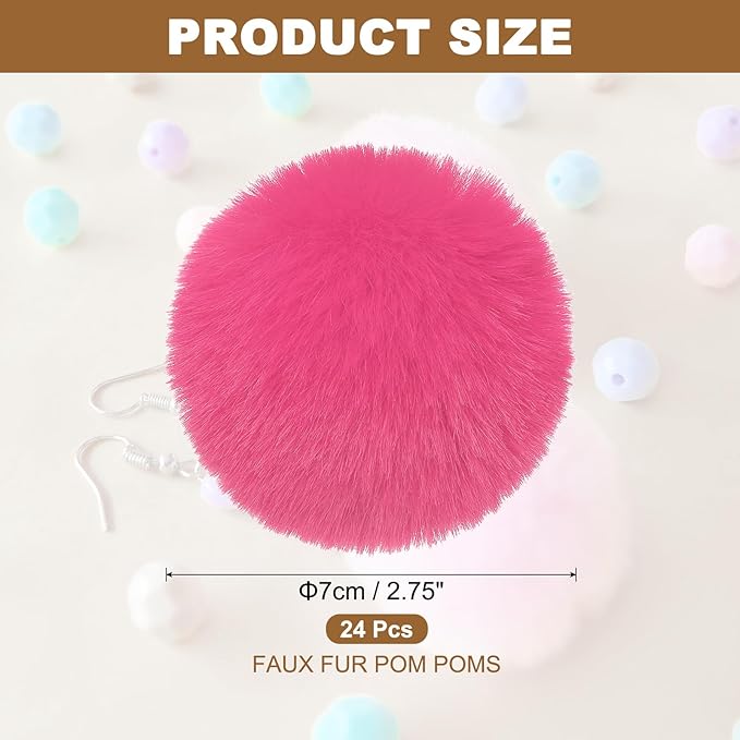 PATIKIL Faux Fur Pom Poms for Hats, 24 Pcs Fluffy Soft Fur Poms Balls with Elastic Loop for Keychain Knitting Hats DIY Scarves Gloves Bag Christmas, Light Red
