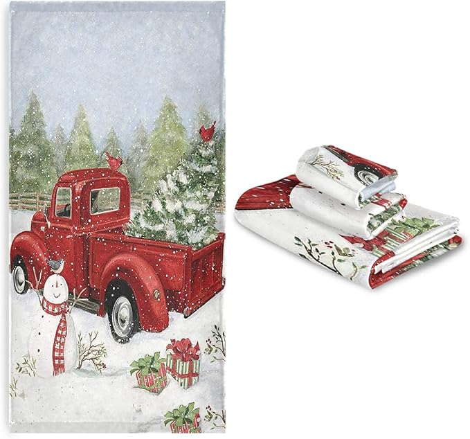 Pfrewn Snowman Red Truck Xmas Tree Towels Set of 3 Christmas Winter Bathroom Towel Soft Absorbent Bath Hand Towels Washcloth Guest Towel Sets Merry Christmas Xmas Bathroom Decor Gifts