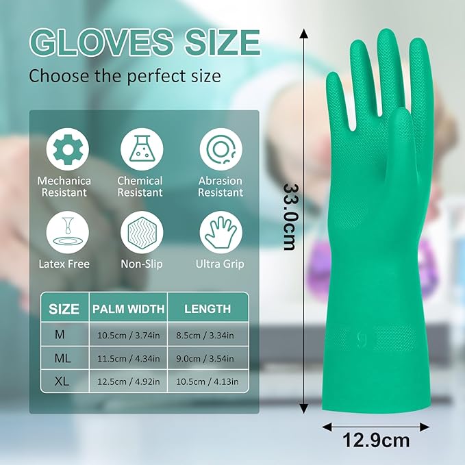 Beieverluck 10 Pairs Chemical Resistant Gloves, Reusable Heavy Duty Rubber Work Gloves, 12.6" Long Nitrile Gloves for Acid Alkali Oil Protection and Industrial Use Household, Large