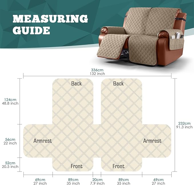 Ruaozz Waterproof Recliner Sofa Covers, 1-Piece Couch Covers for Reclining Couches Reclining Couch Cover Washable Furniture Protector with Elastic Straps Pocket for Kids Pets (Khaki, XL 2 Seater)