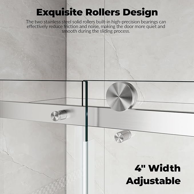 Sliding Shower Door 56–60 inch W× 76 inch H, Frameless Glass Shower Door with Square Stainless Steel Track and 55mm Rollers, 6mm Tempered Glass, Modern Sliding Shower Doors for Bathroom Remodeling