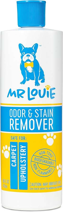 MR LOUIE Pet Stain & Odor Remover for Carpet & Upholstery - Precision Pour No-Spray Cleaner for Dog & Cat Urine, Vomit & Tough Stains - Safe for Kids & Pets (16oz)