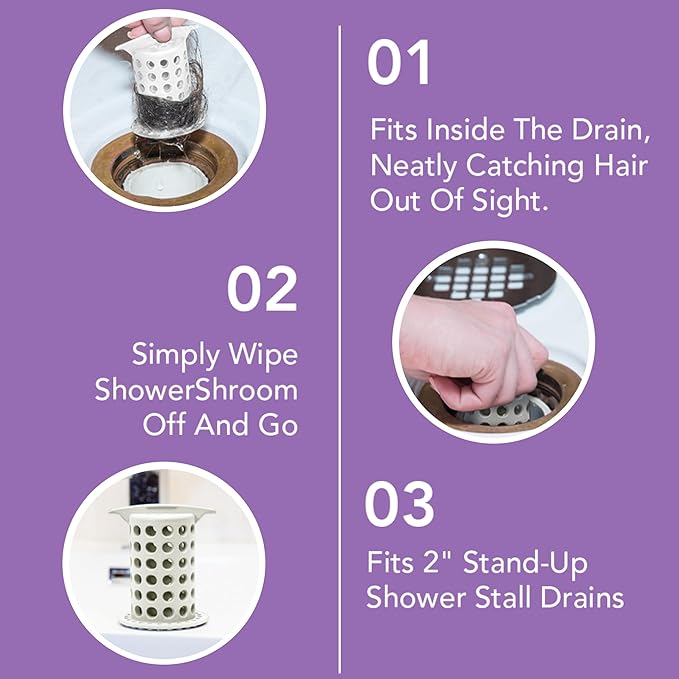 ShowerShroom The Revolutionary 2" Stand-Up Shower Stall Drain Protector Hair Catcher/Strainer, White