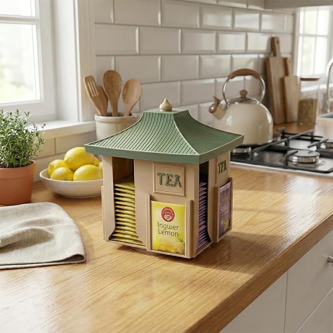 Rotating Japanese Tea Bag Organizer Dispenser - Pagoda Design, 360° Lazy Susan Base, Beige Body with Jungle Green Roof, Zen Matcha/Sencha/Tea Bag Storage Carousel for Kitchen Counter