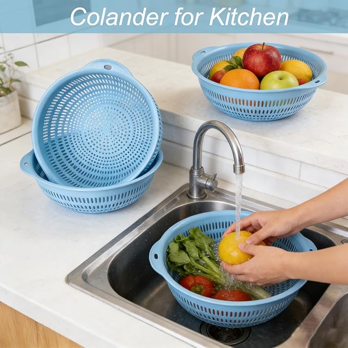Plastic Wash Basket Round Perforated Colander Wash Vegetables and Fruits Drain Cooked Pasta Kitchen Essentials Food Strainer Basket Strainer Kitchen Blue Yellow green red (3PCS-Blue)