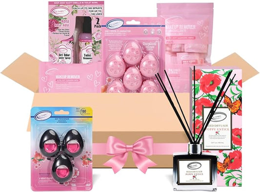Air Jungles All-in-One Pink Freshness Set for Women and Pink Lovers, 6-Pcs of Peach Scent Car Air Freshener & Shoe Ball, Reed Diffuser, Rose Scent Toilet Spray and Fragrance-free Makeup Remover Wipe