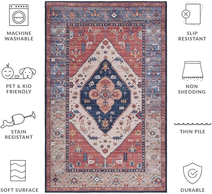 SAFAVIEH Washable Rug Tucson Collection - 2'6" x 4', Rust & Blue, Slip Resistant & Easy to Clean, Ideal for Living Room, Bedroom, Dining Space (TSN153P)
