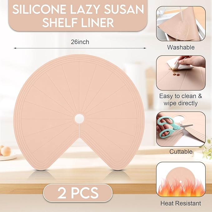 2 Pack 26 Inch Lazy Susan Shelf Liner Silicone Shelf Liner Non Adhesive Circle Kitchen Liners Non Slip Cabinet Liners for Drawer Refrigerator Cupboard Cabinet Organizers(Skin Color)