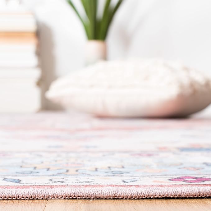 SAFAVIEH Washable Rug Tucson Collection - 6' Square, Beige & Blue, Slip Resistant & Easy to Clean, Ideal for Living Room, Bedroom, Dining Space (TSN109B)