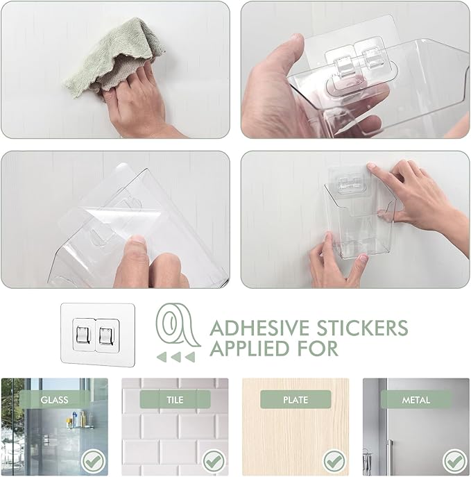 Clear Adhesive Wall Storage Bins, 4 Pack Cabinet Door Organizer Holders, Hanging Wall Mount Pockets, Plastic Cups for Shower Bathroom Makeup Office Craft Remote Kitchen Sink RV Organization (Medium)