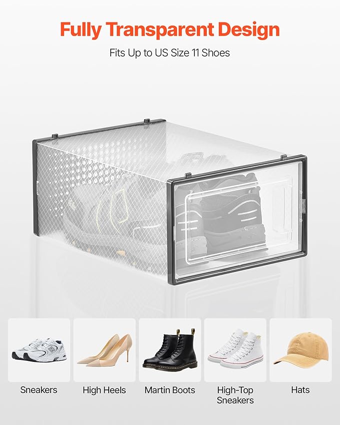 VEVOR Shoe Storage Boxes, 12 Pack Stackable Shoe Boxes Storage Organizers, Fit up to US Size 11, Plastic Modular Space Saving Sneaker Containers for Storing High Heels, Boots, and Hats, Black Frame