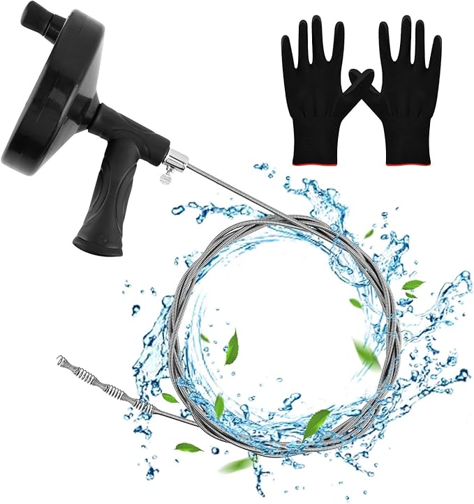 33ft Drain Clog Remover, Drain Hair Remover with Gloves, Rotating Handle Flexible Plumbing Snake Cleaner Tool for Kitchen,Bathrom and Shower (Black)