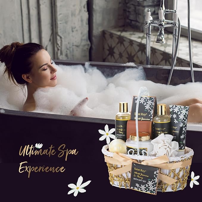 11 Pcs Spa Day Gifts for Women, White Jasmine & Peony Spa Gift Basket Set, Self-Care Relaxation Kit, Nail Clippers Set, Bath & Body Care Set, Bomb, Birthday, Mother's Day, Christmas, Anniversary