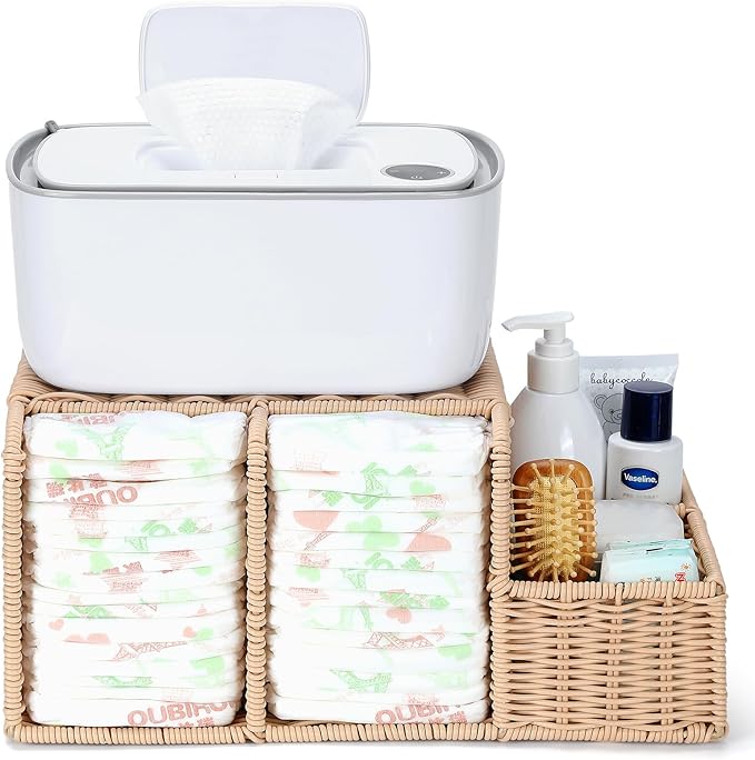 Diaper Caddy Organizer, Hand Rattan Nursery Storage Basket for Baby Essentials, Baby Changing Table Organizer Perfect Nursery Assistant (Natural Woven, M)