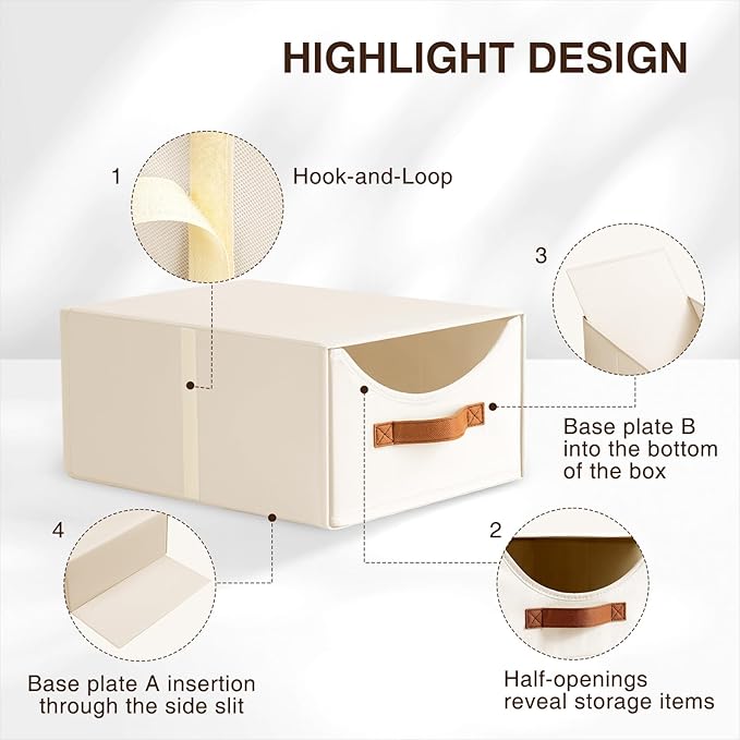 Stackable Storage Drawers - Collapsible Storage Bins with Drawers, 6 Pack Closet Shelf Organizer Basket, Fabric Pull Out Organizer for Bedroom, Living Room, Dorm, Beige