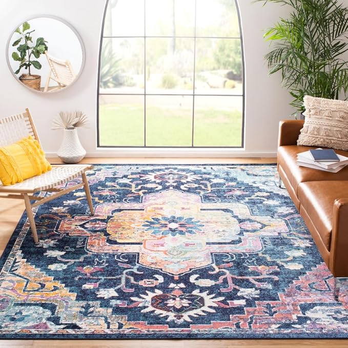 SAFAVIEH Crystal Collection Area Rug - 9' x 12', Navy & Fuchsia, Medallion Distressed Design, Non-Shedding & Easy Care, Ideal for High Traffic Areas in Living Room, Bedroom (CRS501H)