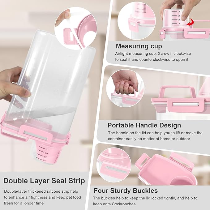 Dog Cat Food Storage Container 3-5lb, Pet Food Container Airtight with Large Spout & Cup, BPA-Free Plastic Food Dispenser for Pet Food, Bird Seed, Rice, Flour (Pink (3L-1pack))