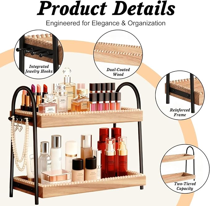 2-Tier Perfume & Makeup Organizer with 8 Jewelry Hooks, Eco-Coated Paulownia Wood Vanity Tray for Bathroom, Coffee Bar & Dresser - Large Storage Shelf for Skincare Bottles (Light Brown & Black)