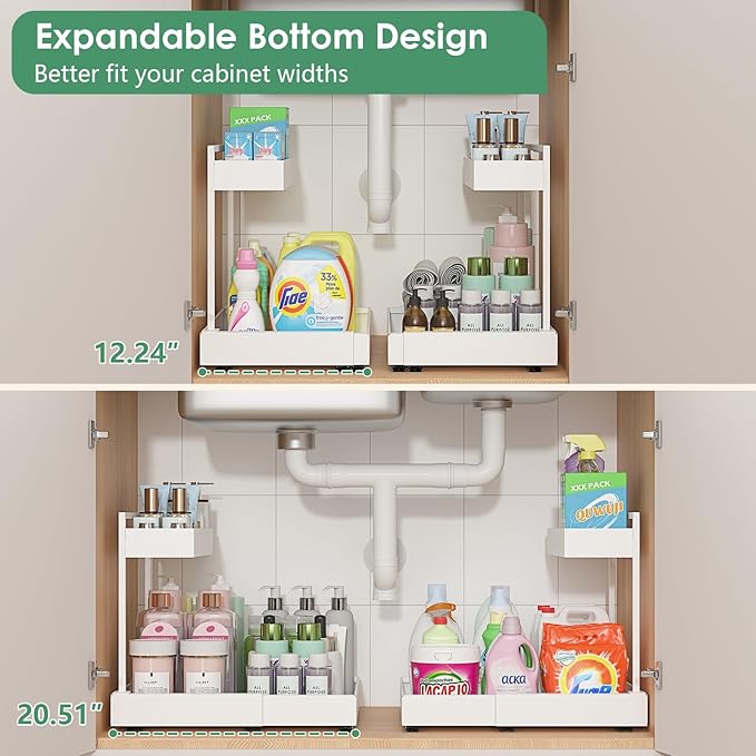 Expandable Under Sink Organizer, 2-Tier Under Cabinet Organizer, Height Adjustable Pull Out Rack for Kitchen Bathroom Laundry, White, 2 Pack