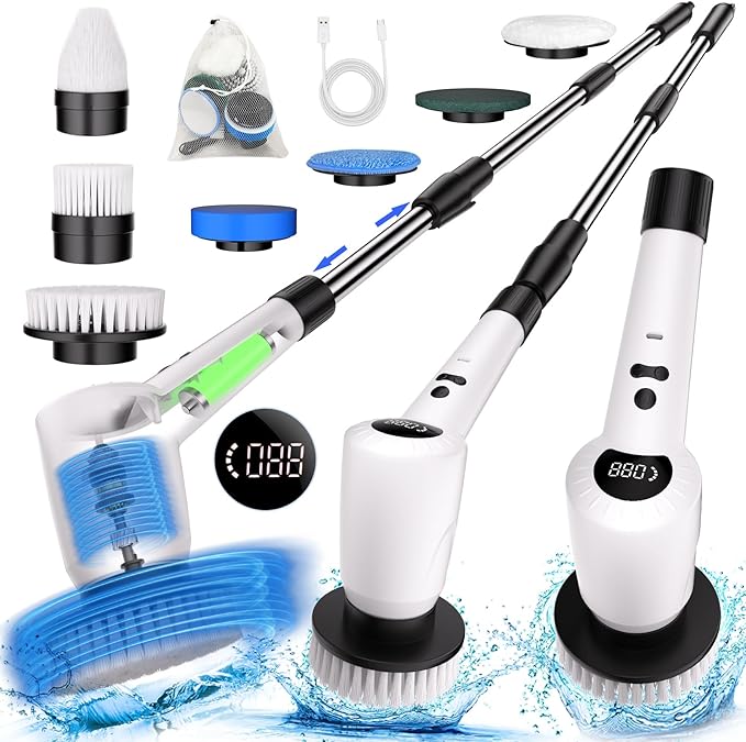Electric Spin Scrubber，Upgrade Electric Spin Cordless Tub and Tile Scrubber w/ Adjustable Extension Arm，3 Speed 7 Replaceable Cleaning Heads，Power Spin Scrubbers Cleaning Bathroom，Floor，Car