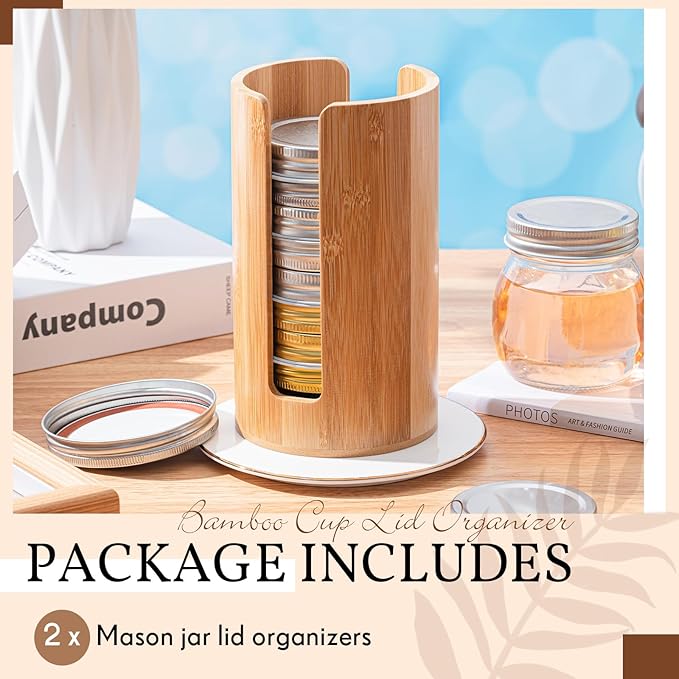 Suclain 2 Pcs Mason Jar Lid Organizer Bamboo Vertical Mason Jar Lid Storage Accessories Tumbler Lids Holder Cup Lids Organizer for Home Kitchen Countertop Cupboard(Only for Wide Mouth)
