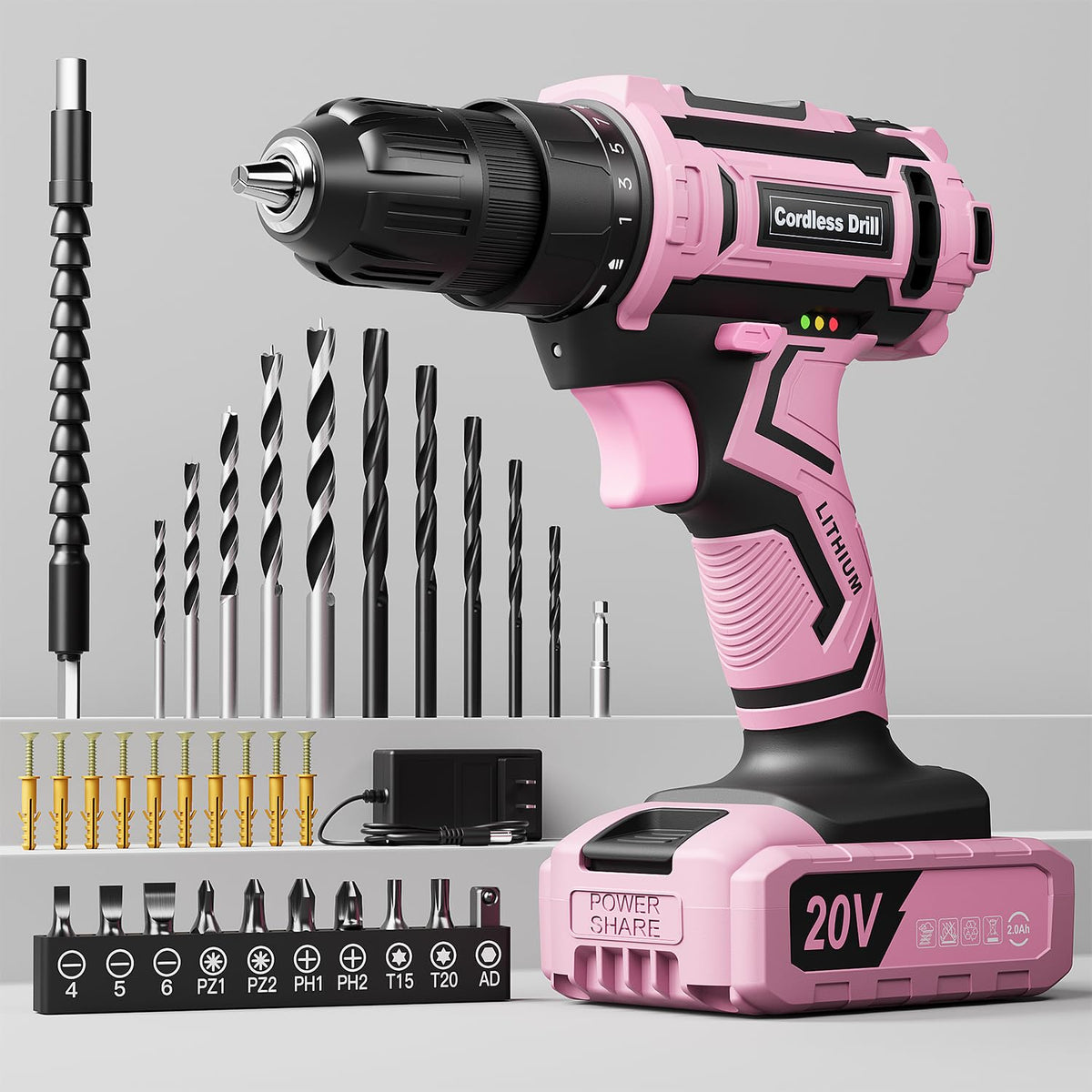 Pink Cordless Drill Set, VIWKO 20V Electric Power Drill for Women - Image 1