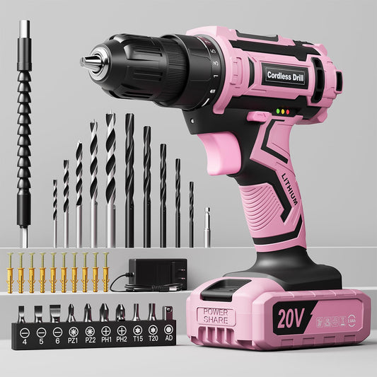 Pink Cordless Drill Set, VIWKO 20V Electric Power Drill for Women - Image 1