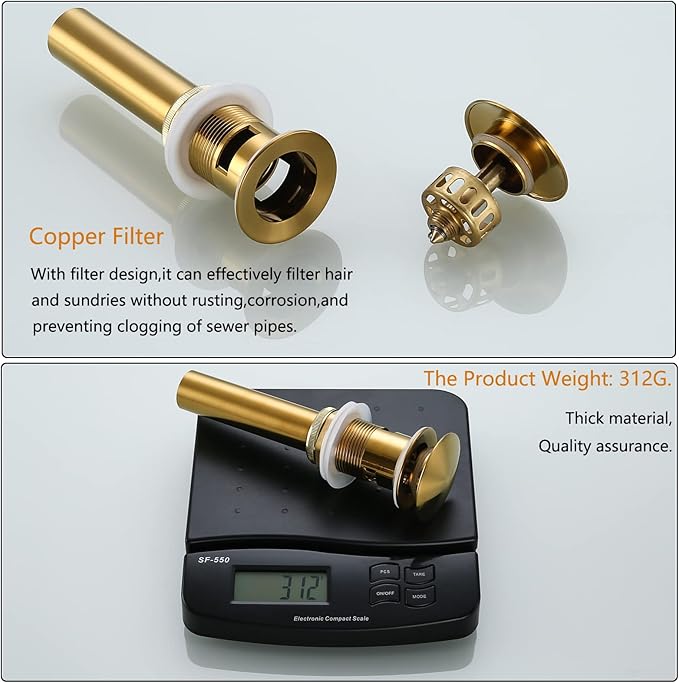 Champagne Bronze Sink Drain with Overflow,Brass Bathroom Sink 1 1/4 Drain with Removable Brass Strainer Basket Push Sink Pop Up Drain,83606-1CB.