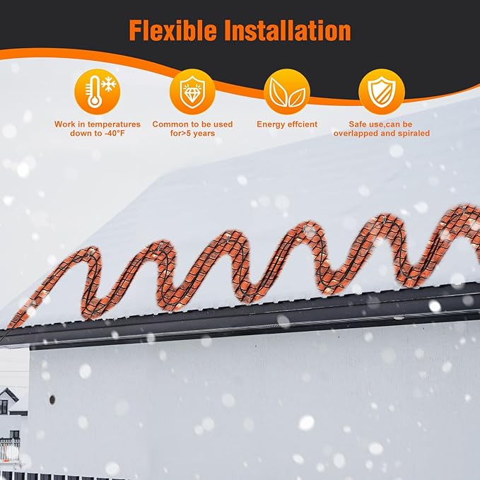 140FT Heat Tape for Water Pipes Roof & Gutter Snow De-Icing Heat Cable 140 feet 5 Watts Per Foot, Water Line Heat Tape Keeps Water Flowing at -40°F 5W/FT, 120V (140FT)