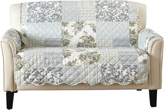 Great Bay Home Reversible Patchwork Loveseat Cover - Washable Slipcover Furniture Protector with Elastic Straps - Couch Cover for Dogs, Kids, and Pets - Box-Stitched Detail (Loveseat, Grey)