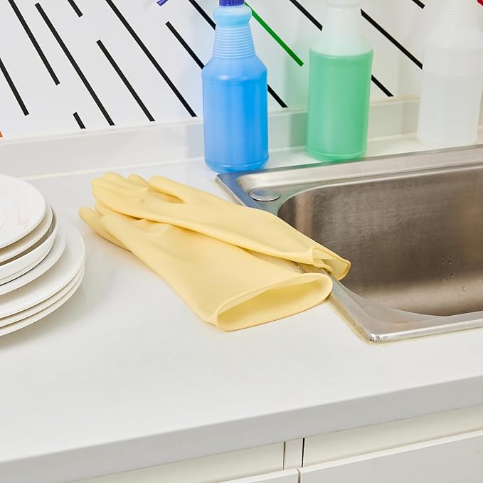 Restaurantware-Clean Tek Professional 22 Mil Small Cleaning Gloves, 1 Pair Of Long Cuff Gloves - No-Slip Grip, No-Powder, Yellow Latex Gloves For Kitchen Cleaning, Ideal For Washing Dishes