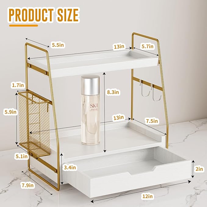 2 Tier Bathroom Counter Organizer Wood - Tiered Bathroom Countertop Shelf with Drawer, Removable Basket & 2 Hooks, Makeup Vanity Organizer for Skincare Perfume Toiletries, 13'' White Gold